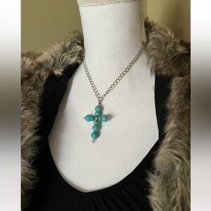 Genuine Turquoise Howlite Gemstone Symbolic Cross Necklace On Chain NEW